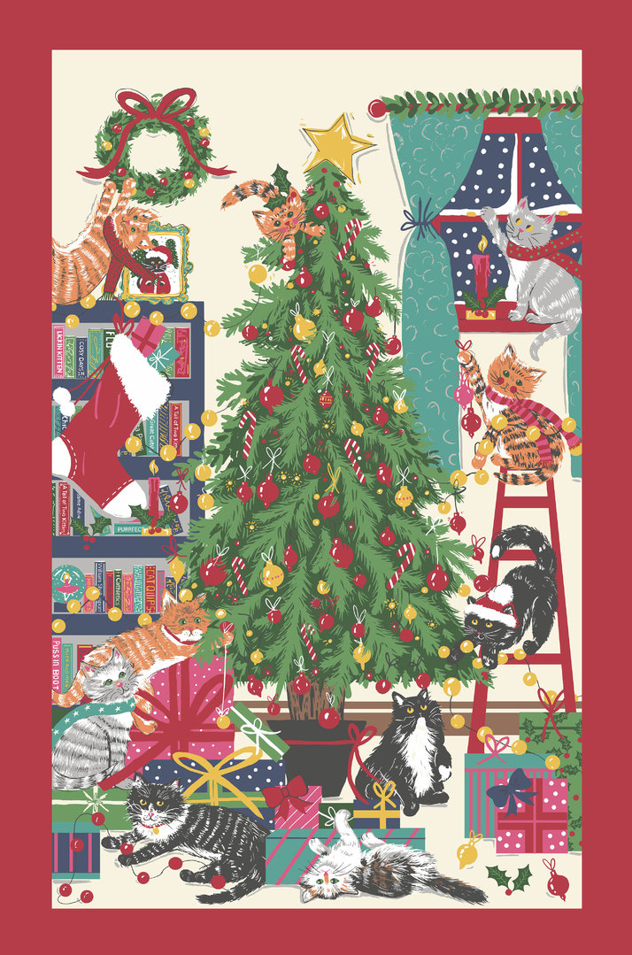 Weihnachtsabend Christbaum Katzen Tea Towel