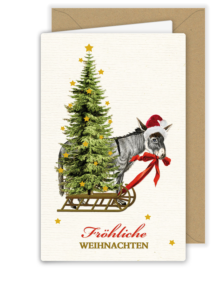 Esel Schlitten Tanne Weihnachtskarte