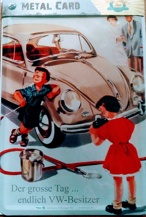 VW Käfer Der große Tag Metallschild Postkarte