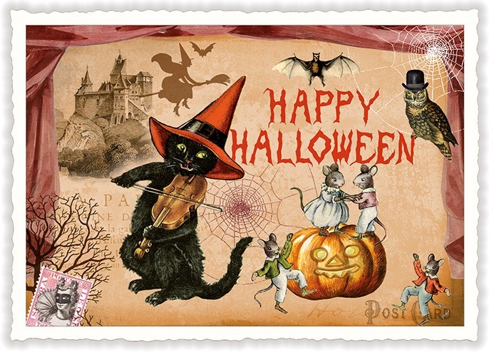 Halloween_Katze_Maus_Kuerbis_Fledermaus_Eule_Postkarte_AT_Linus_Hundeglueck